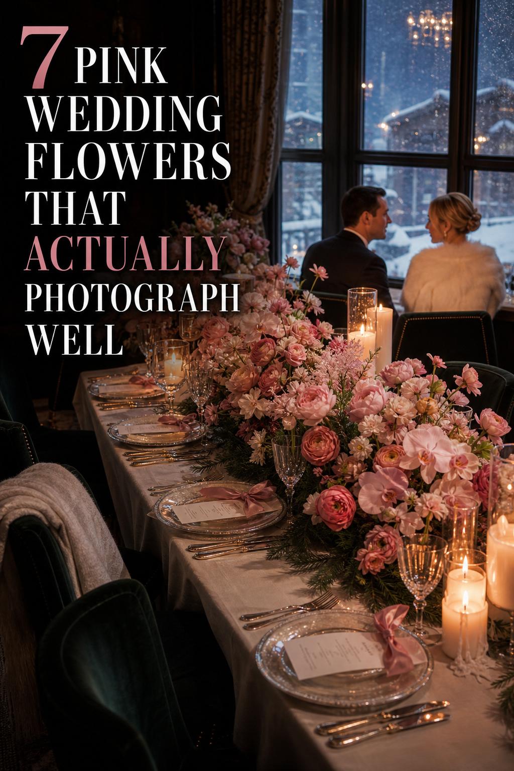 Pink wedding flowers on a candlelit winter reception table with snow outside alpine resort windows at blue hour