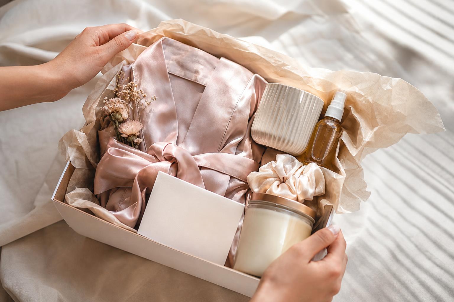 Bridesmaid proposal ideas with a polished gift box featuring a card, candle, and jewelry on a soft neutral backdrop
