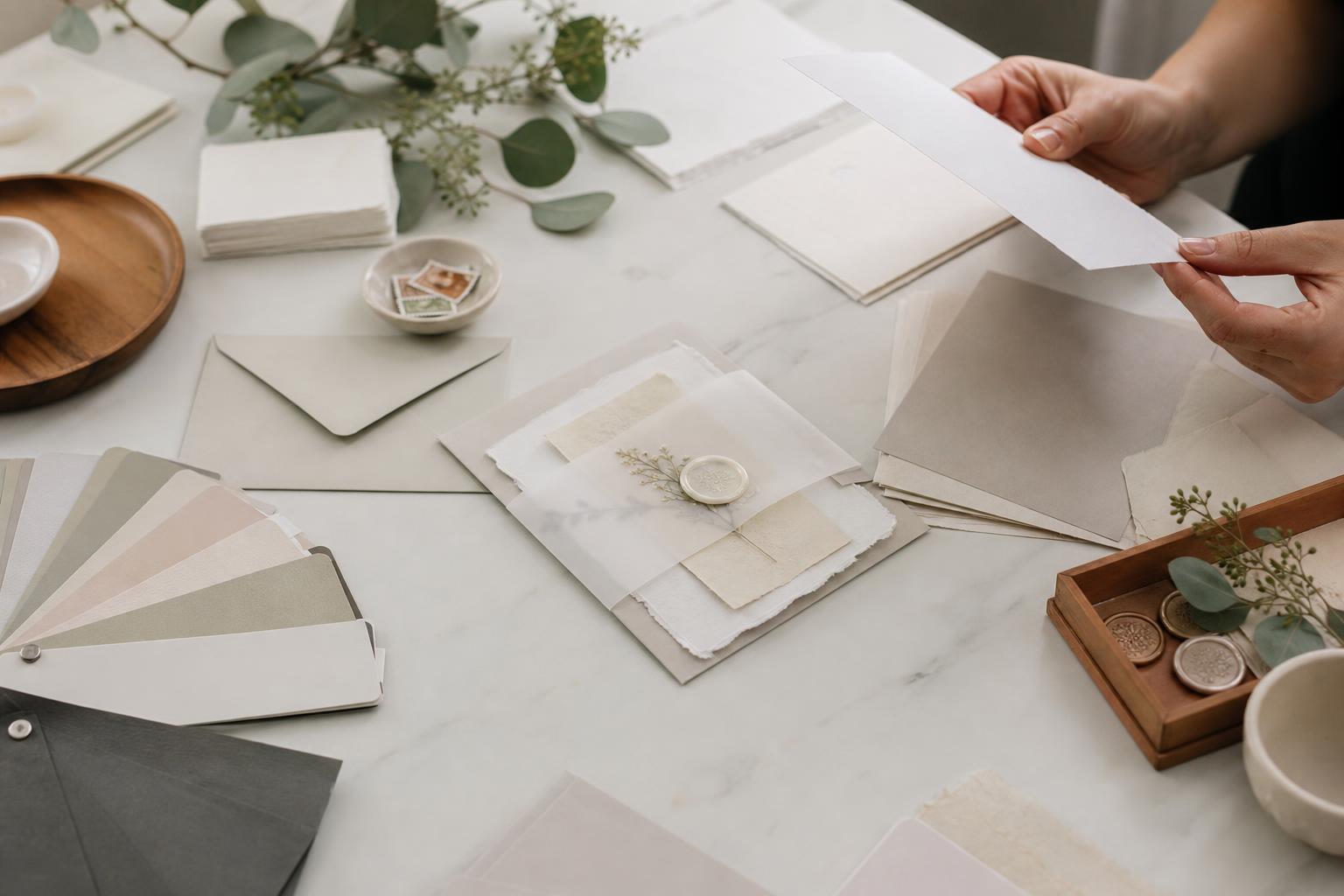 Polished diy wedding invitations suite with vellum overlay, layered cards, and envelope on a bright desk