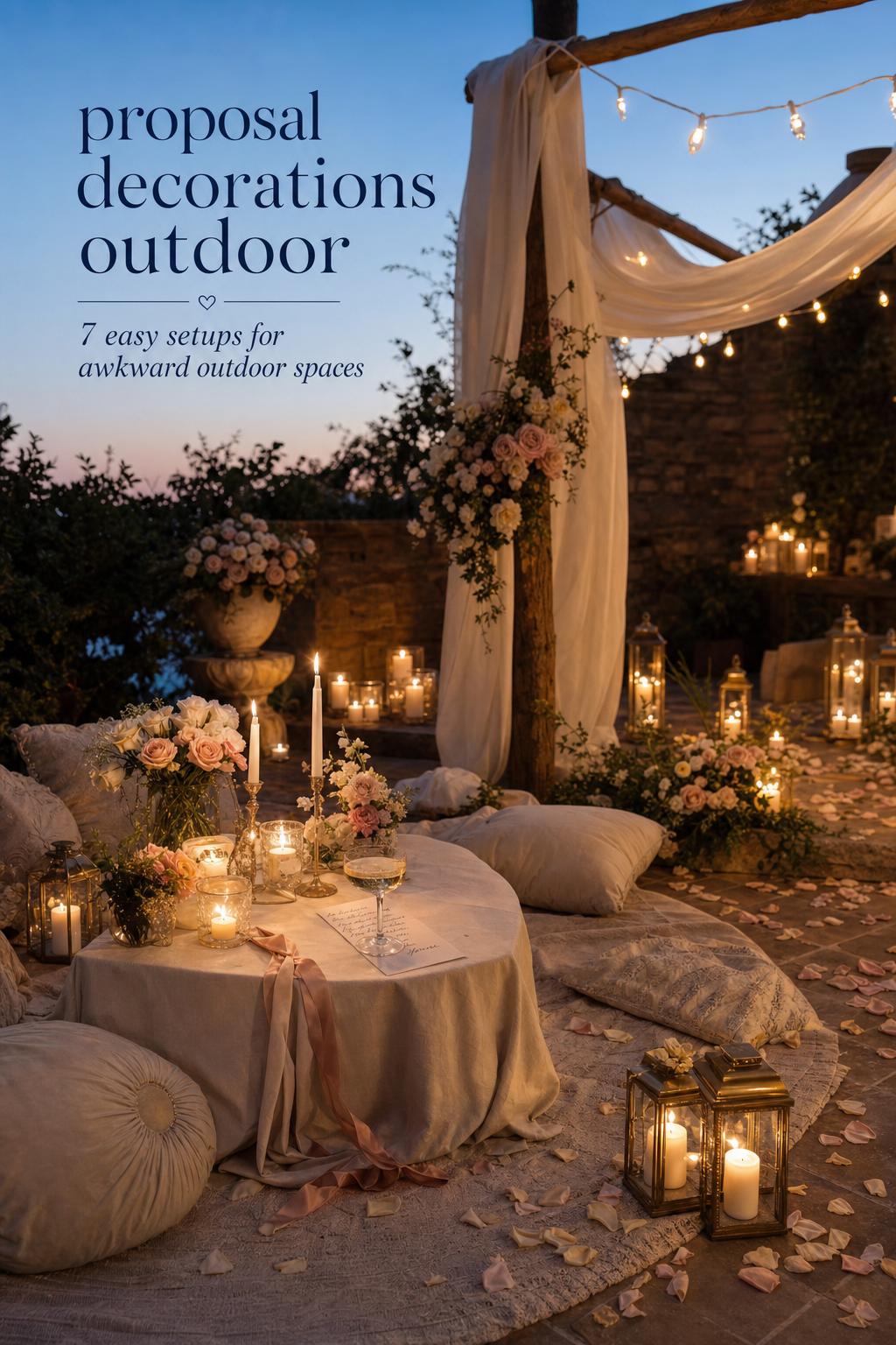 proposal decorations outdoor setup with candles, linen picnic table, canopy and roses on a private garden terrace at blue hour