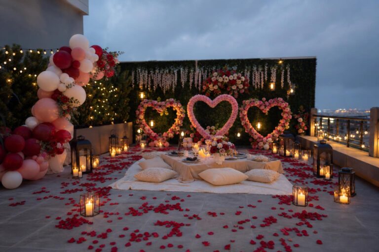 Proposal decorations outdoor with lanterns, rose petals, and string lights set for a romantic spring engagement moment