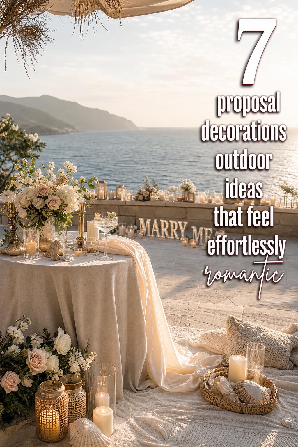 Proposal decorations outdoor on an oceanfront resort terrace with linen table, candles, lanterns, and blush florals at golden hour