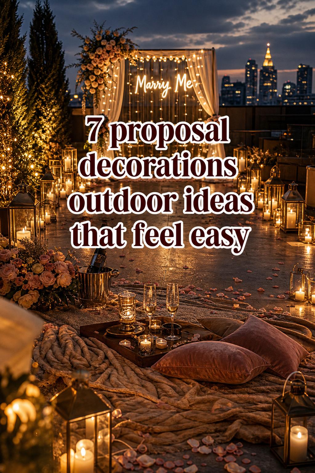 Proposal decorations outdoor on a rooftop terrace at blue hour with candle lantern aisle, Marry Me backdrop, and luxe picnic setup