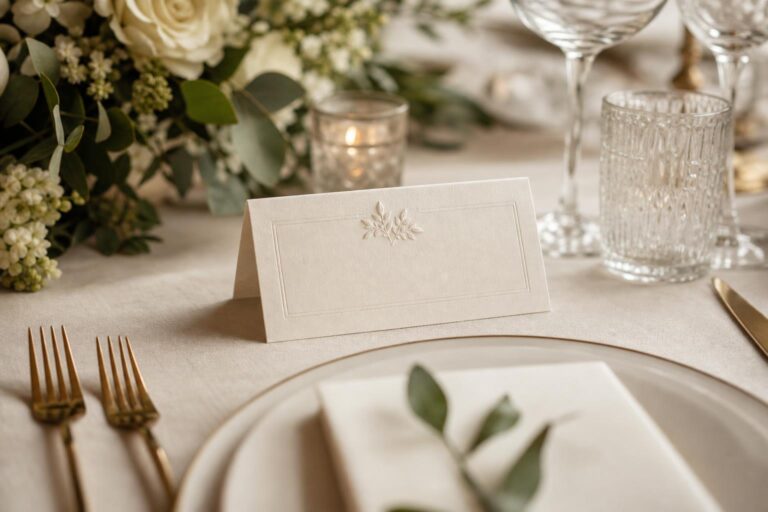 Quietly luxurious wedding place cards on a candlelit reception table with elegant typography and soft neutral stationery
