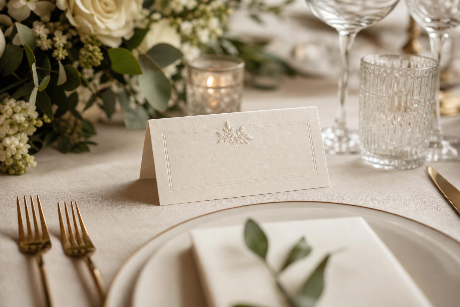 Quietly luxurious wedding place cards on a candlelit reception table with elegant typography and soft neutral stationery