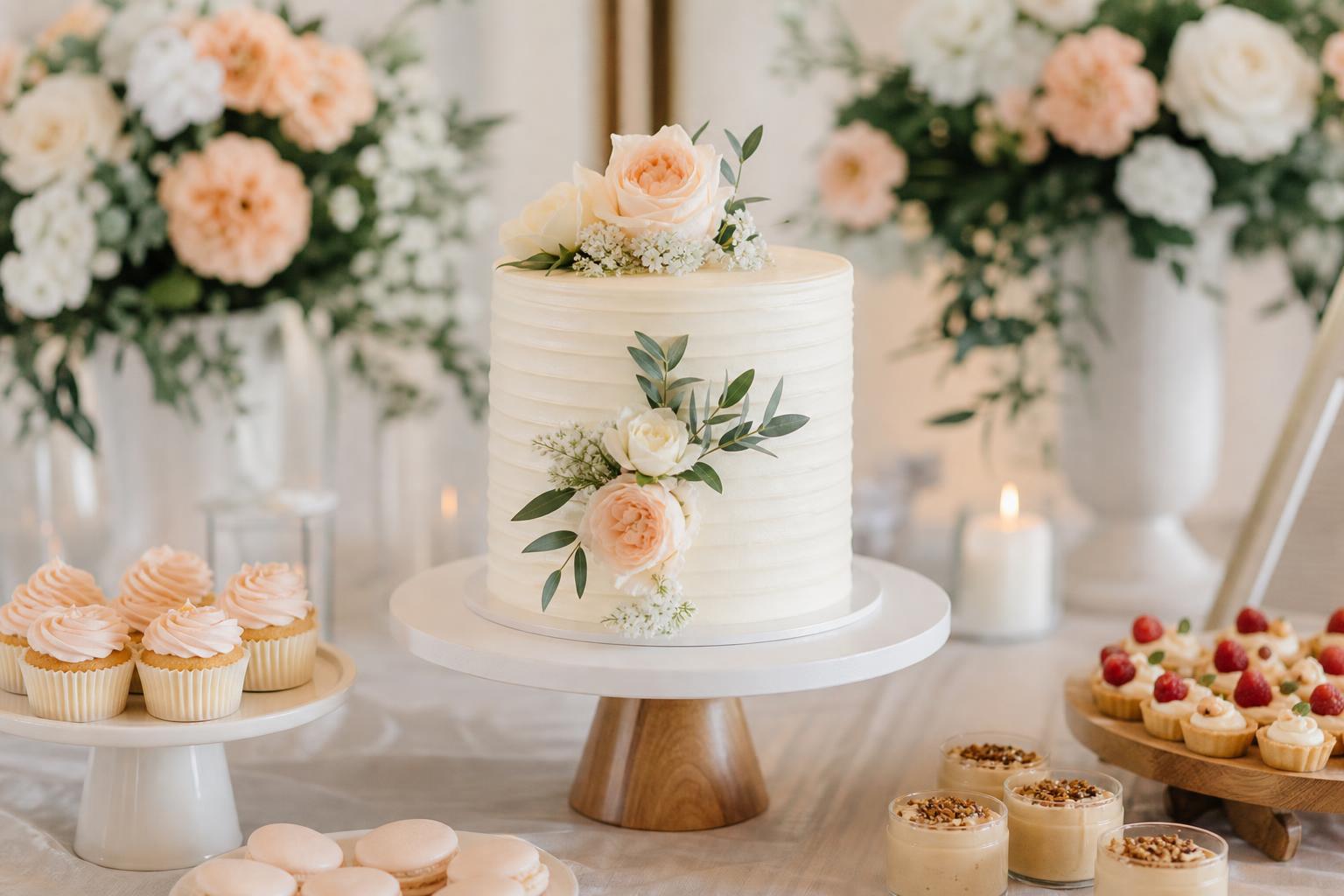 Elegant white buttercream cake with blush peonies and gold accents, refined bridal shower cake ideas centerpiece