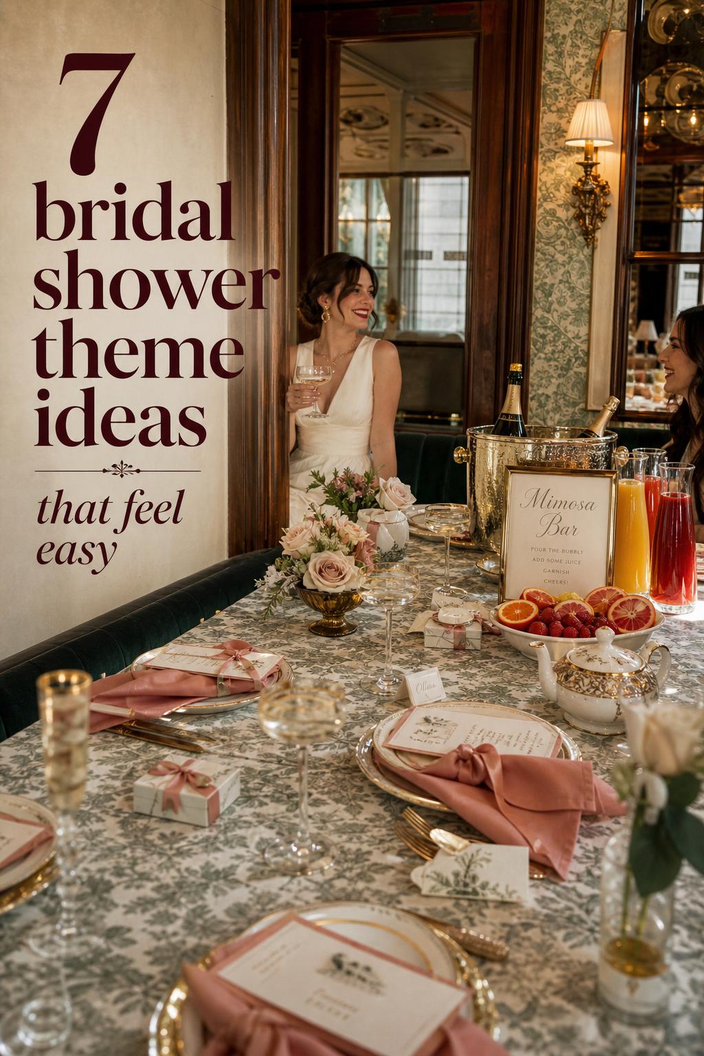 Bridal shower theme ideas shown in a retro chic brunch tablescape with vintage china, mimosas, and dusty rose accents