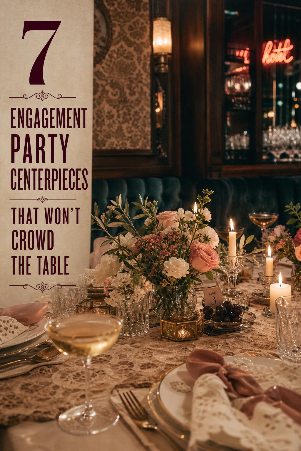 Engagement party centerpieces with low crystal vases, candlelight, and retro chic table styling in a vintage hotel dining room