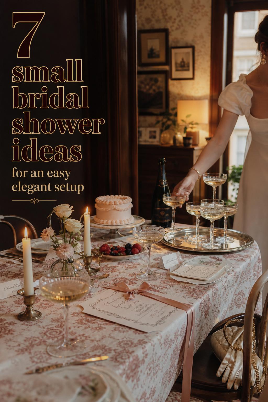 Retro chic apartment bridal shower table with champagne tower and candlelight, featuring small bridal shower ideas