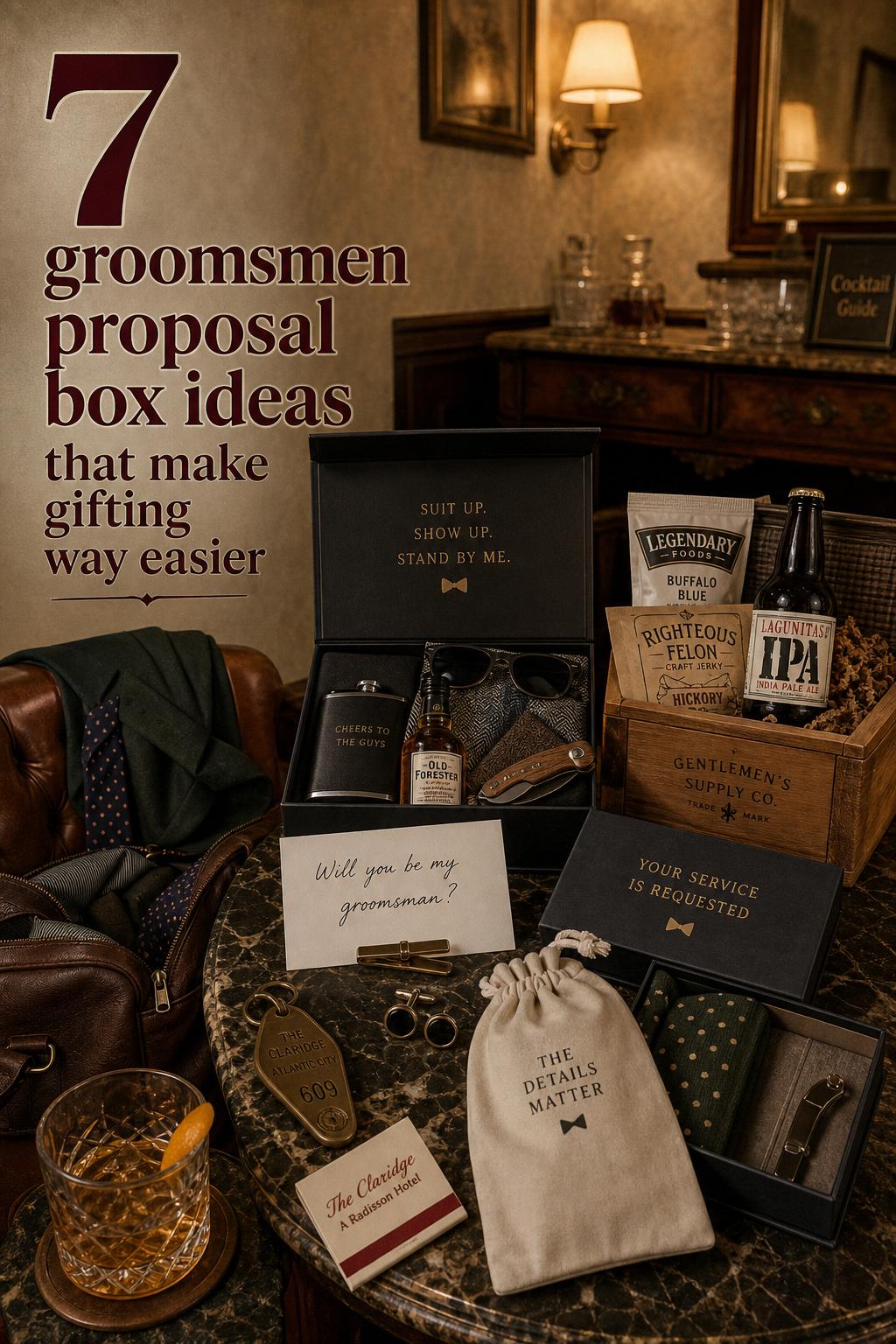Groomsmen proposal box ideas styled in a retro hotel room gift unboxing with whiskey, cufflinks, and vintage accessories