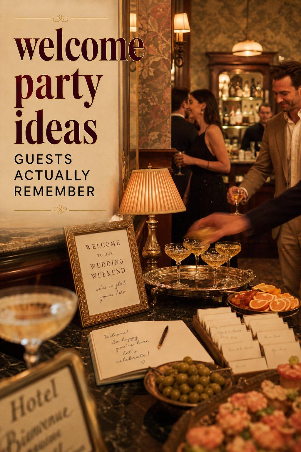 Retro chic hotel welcome drinks table with signage and guests arriving, featuring welcome party ideas for weddings
