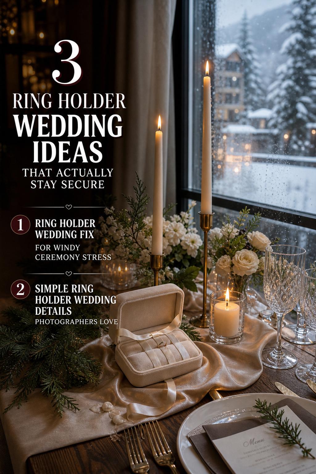Ring holder wedding detail on candlelit alpine reception table by frosted window, ivory velvet holder with satin and linen