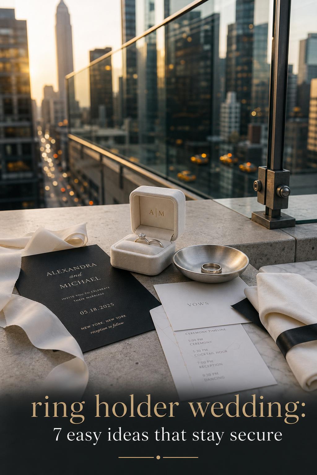 Ring holder wedding detail with ivory velvet box, metal dish and invitation suite on a luxury rooftop ledge at golden hour