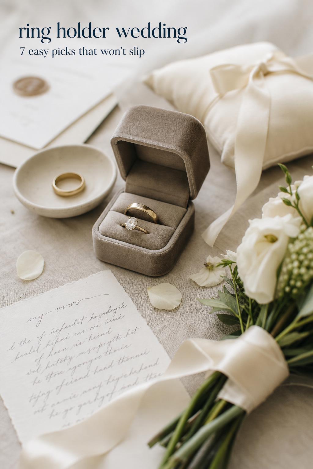 Ring holder wedding flat lay with taupe velvet ring box, vow card and silk ribbon on ivory linen in soft window light