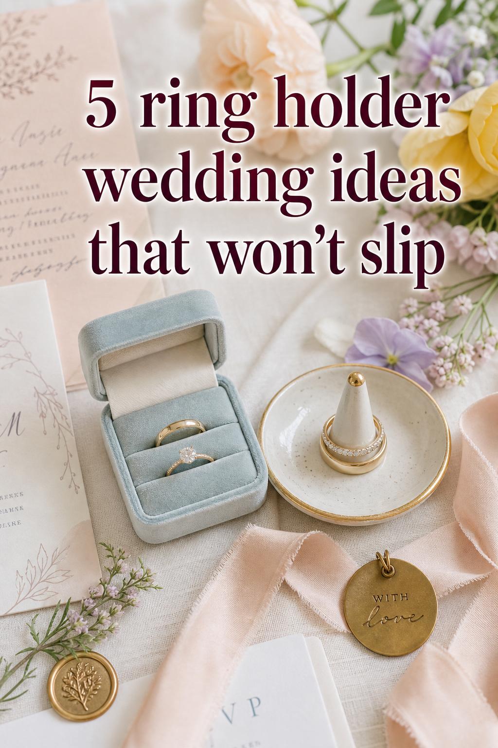 Ring holder wedding flat lay with velvet ring box and ceramic dish on linen, pastel invitations and silk ribbon in daylight