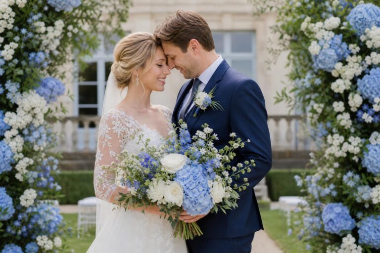 Blue wedding flowers in a romantic bridal bouquet with soft hydrangeas, delphinium, and white roses in natural light