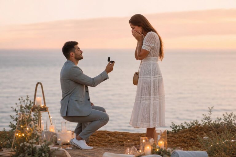 Romantic candlelit dinner with engagement ring, elegant wedding proposal ideas in a cozy private setting