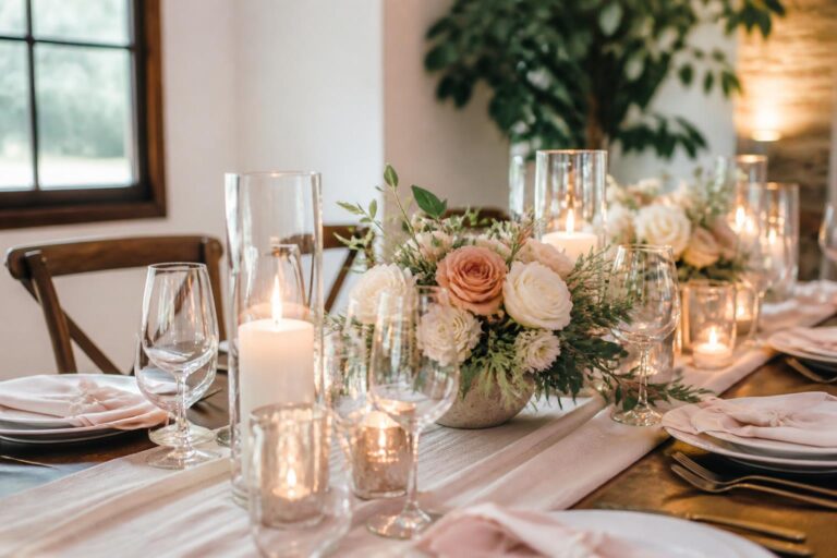 Romantic engagement party centerpieces with low florals and candlelight on an intimate dinner table