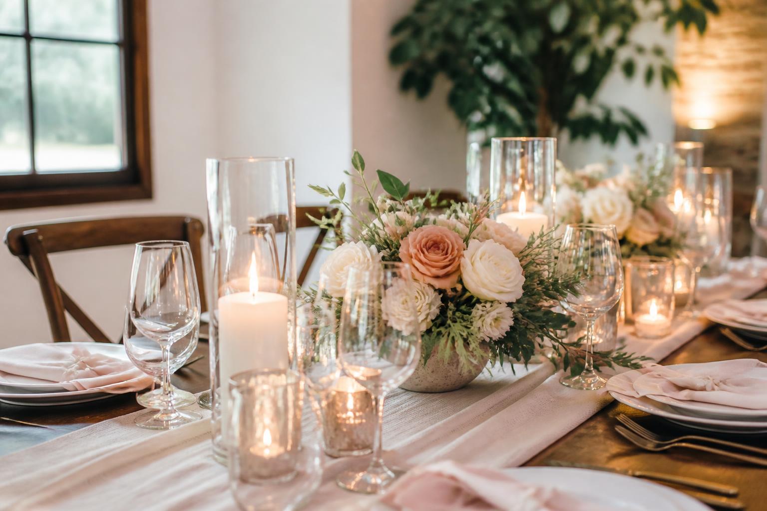 Romantic engagement party centerpieces with low florals and candlelight on an intimate dinner table