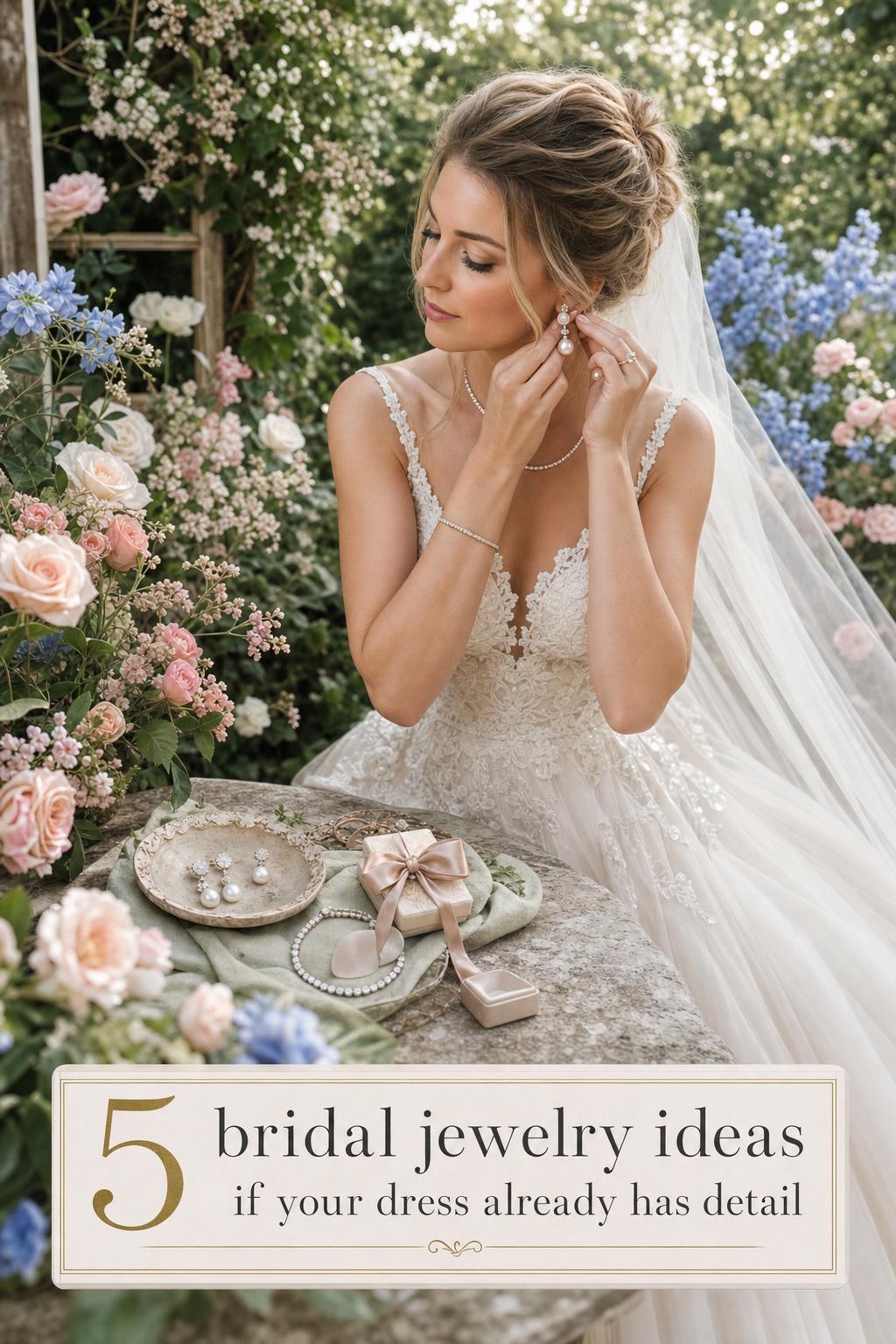 Bride adjusting earring beside garden table with pearls and diamonds, showcasing bridal jewelry ideas in a romantic outdoor portrait