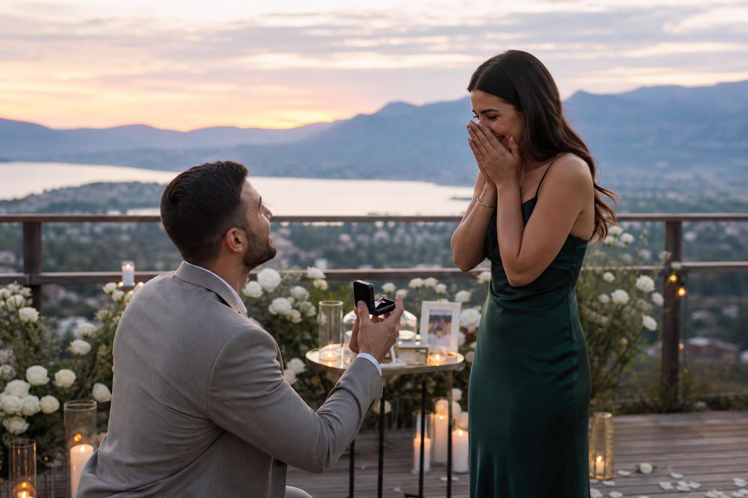Romantic girlfriend proposal ideas with a candlelit at-home engagement moment and ring box