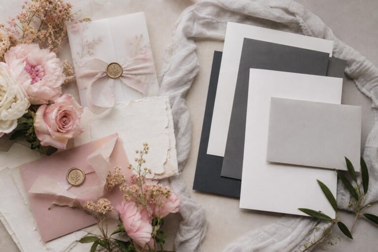 Romantic layered wedding stationery suite with vellum, ribbon and wax seal, photographed in soft natural light