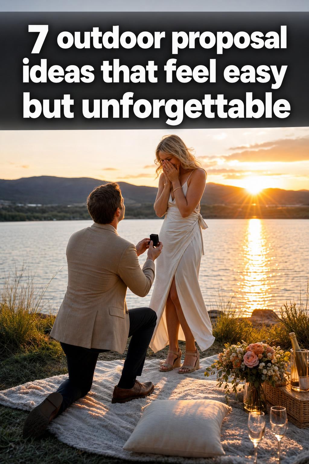 Romantic outdoor proposal ideas with a couple in a scenic park setting during golden hour