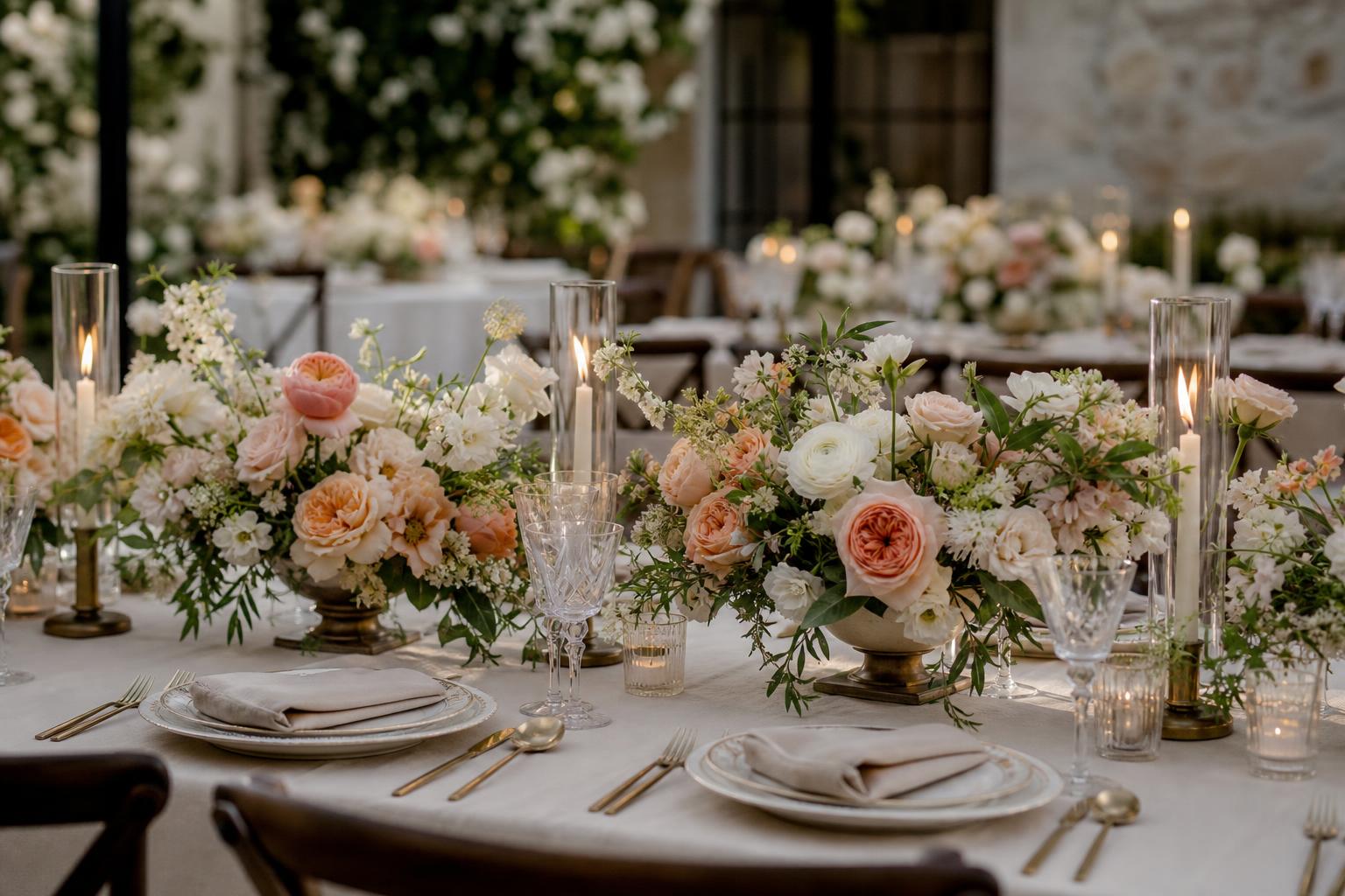 Romantic wedding flowers table with neutral blooms, greenery, and candlelight in elegant glass vases