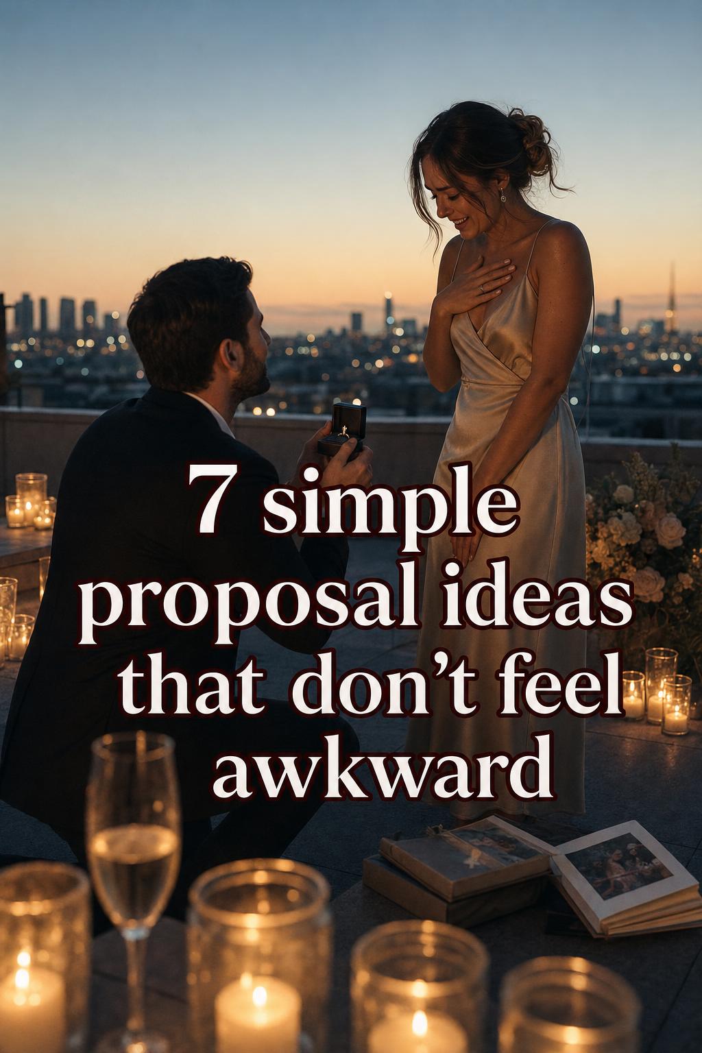 Rooftop proposal at dusk with candle jars and champagne, showcasing simple proposal ideas in a quiet luxury city setting