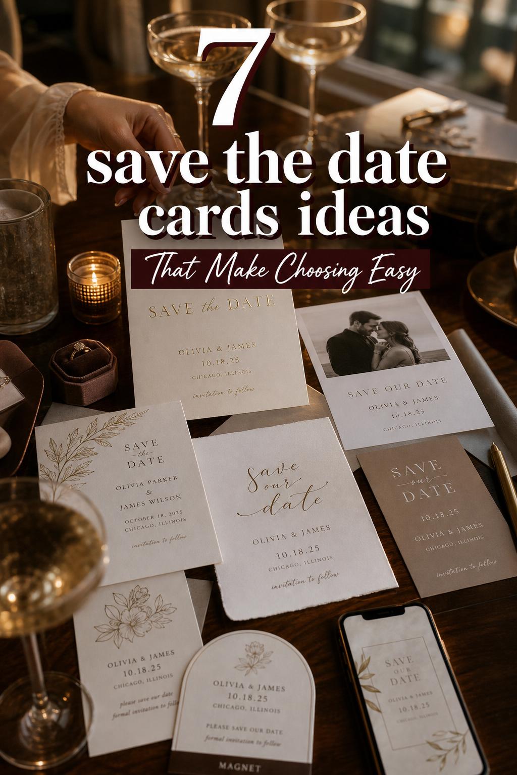 Save the date cards suite on dark wood desk in luxury bridal suite with candlelight, foil accents, and hand choosing a design
