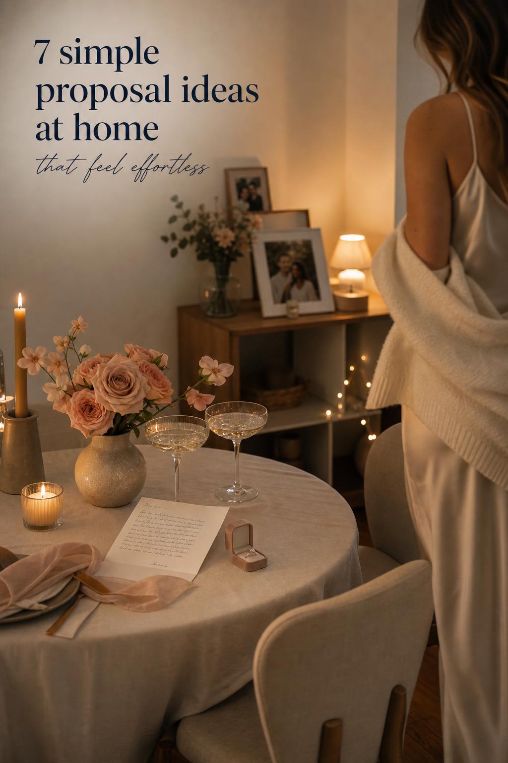 Simple proposal ideas at home: cozy dining nook with ring box, handwritten letter, coupe glasses and candlelit florals