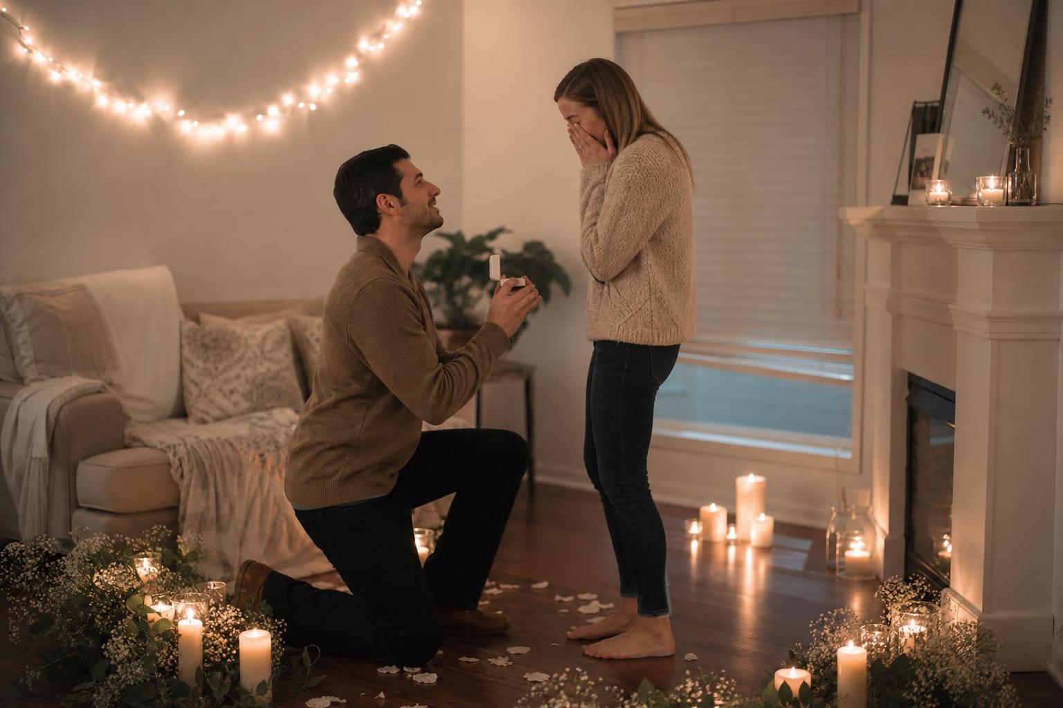 Simple proposal ideas at home with a candlelit dinner table, rose petals, and an engagement ring in a cozy living space
