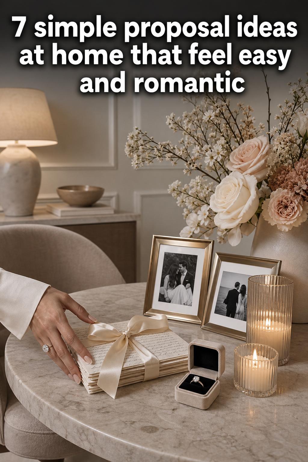 Simple proposal ideas at home with a romantic candlelit setup, ring box, and fresh flowers on a cozy living room table.
