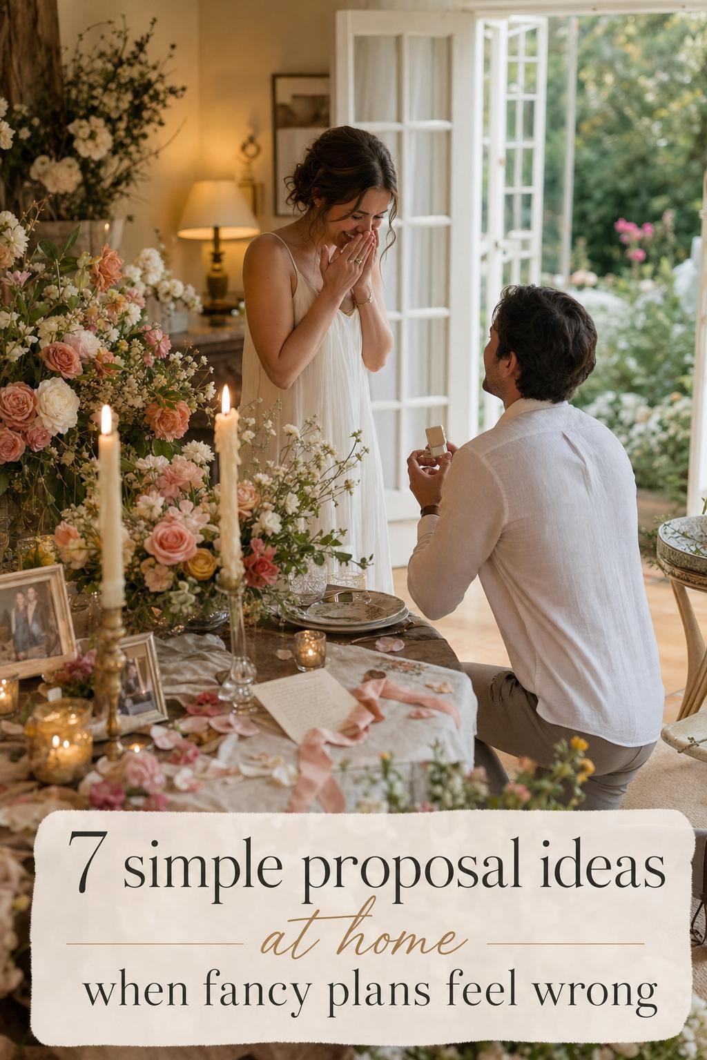 Simple proposal ideas at home in a dreamy candlelit dining nook with lush blush florals by an open French door