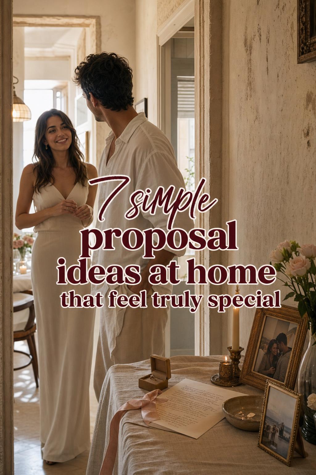 Simple proposal ideas at home in a sunlit Mediterranean hallway with couple, handwritten letter, ring box, candles and framed photos