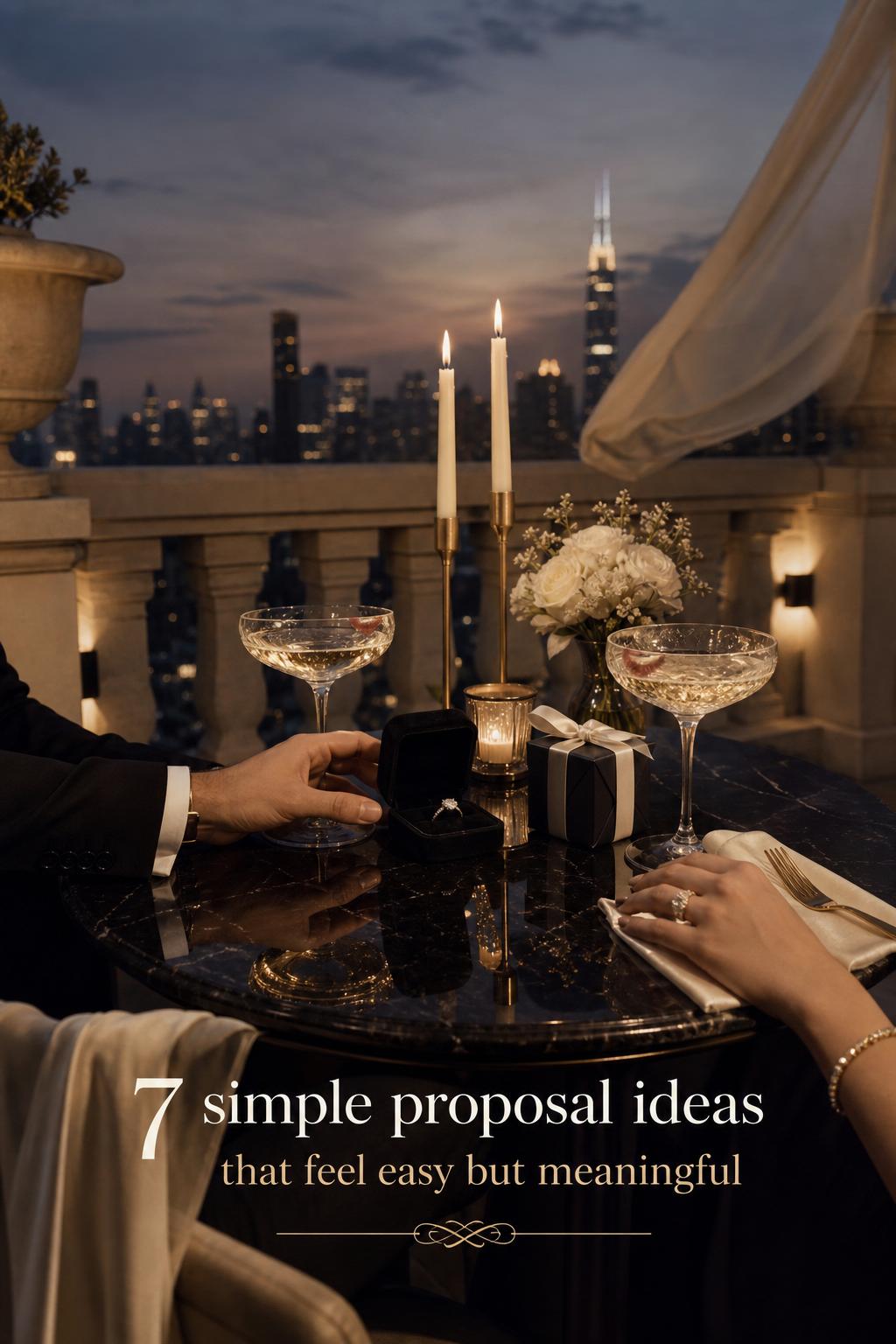 Simple proposal ideas: black marble rooftop table with ring box and champagne coupes at twilight, elegant intimate proposal scene