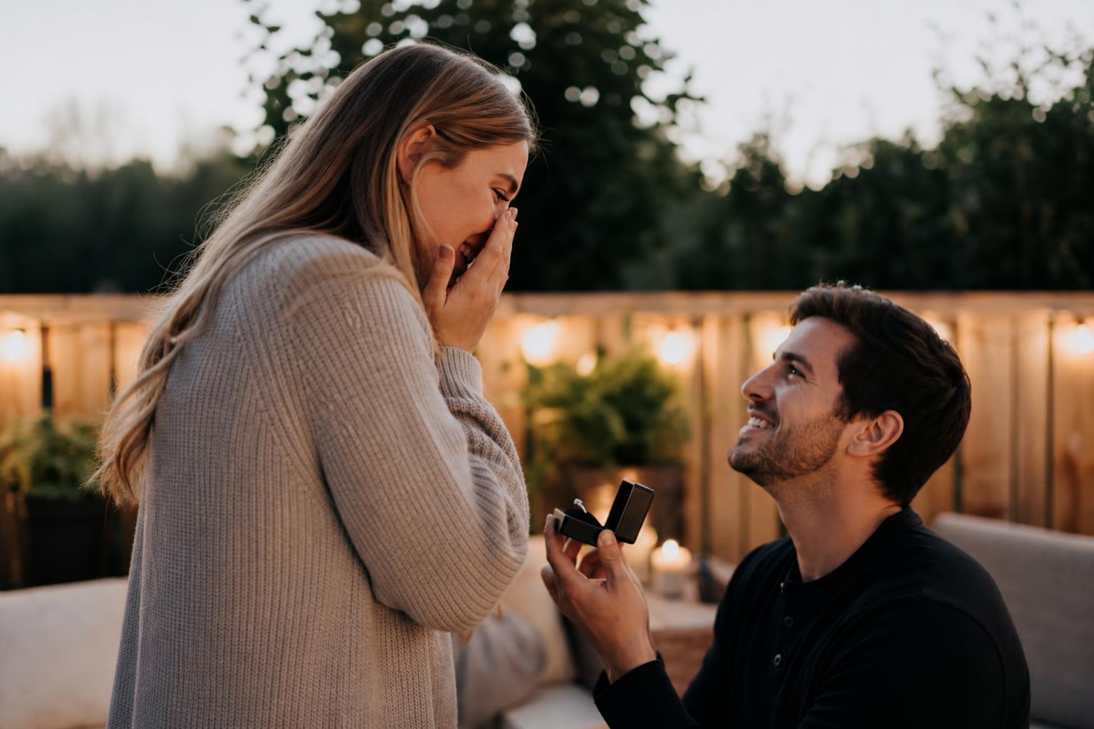 Simple proposal ideas: couple sharing a quiet ring moment at sunset on a beach, hands close with engagement ring in focus
