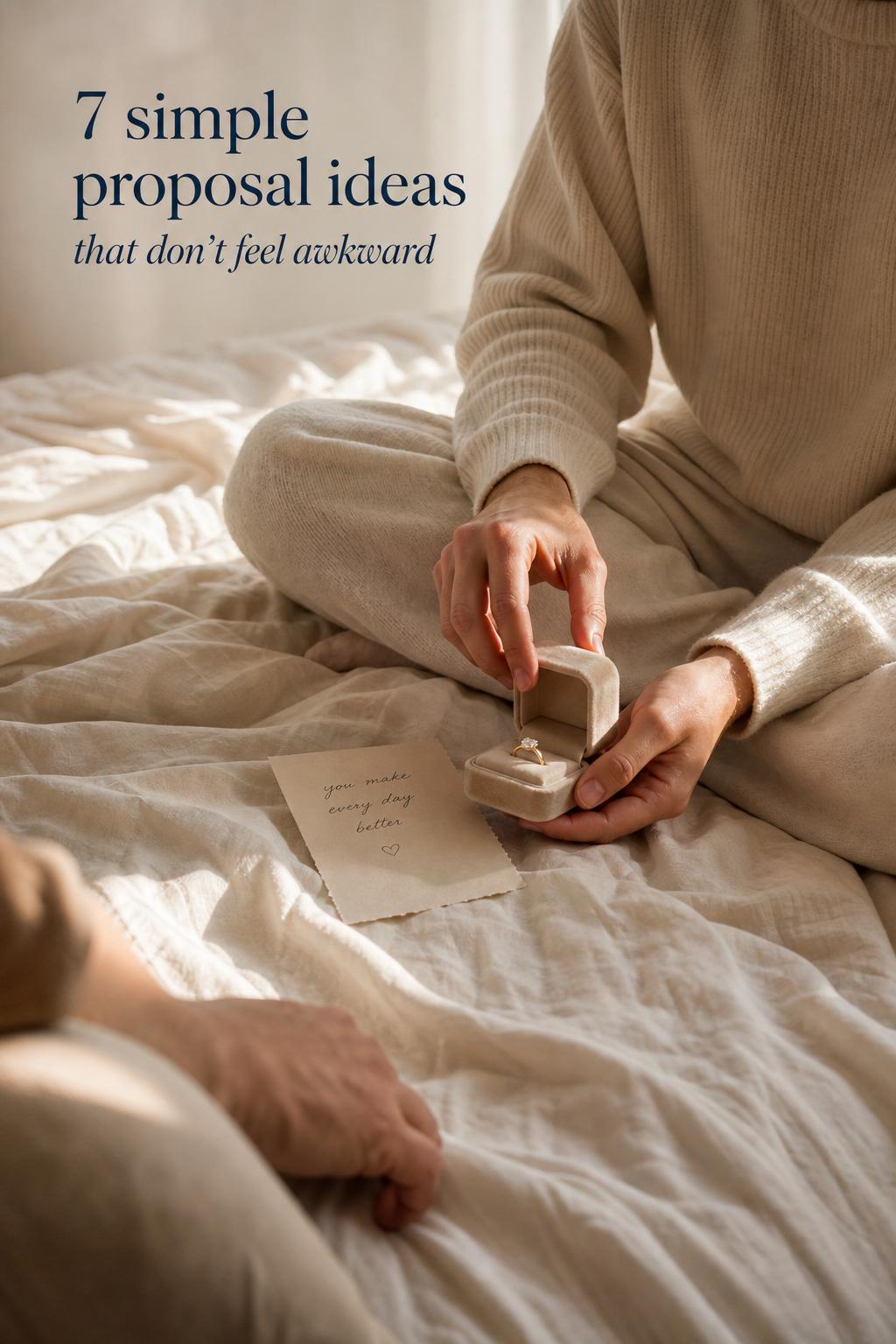 Simple proposal ideas: hands opening a velvet ring box on ivory linen sheets in a cozy sunrise bedroom