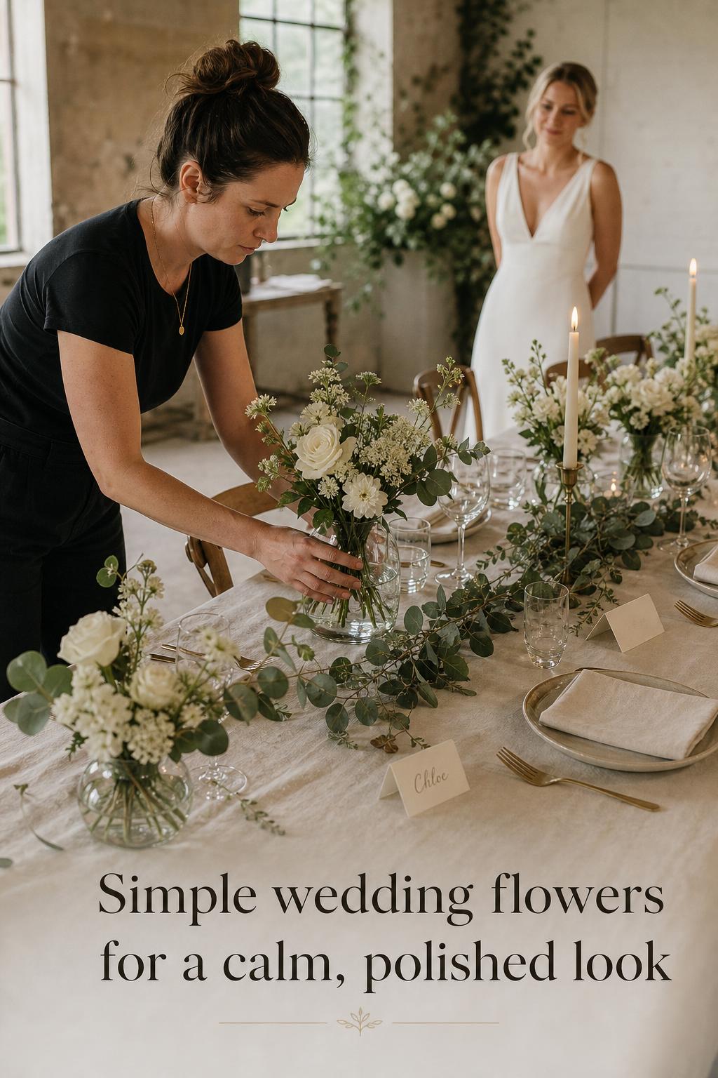 Simple wedding flowers on a long banquet table as a florist adjusts airy white blooms in a modern-rustic reception