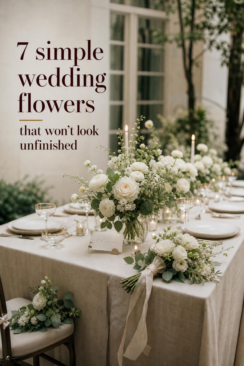 Simple wedding flowers on a minimalist garden reception table with white roses, ranunculus, eucalyptus, candles, and place cards