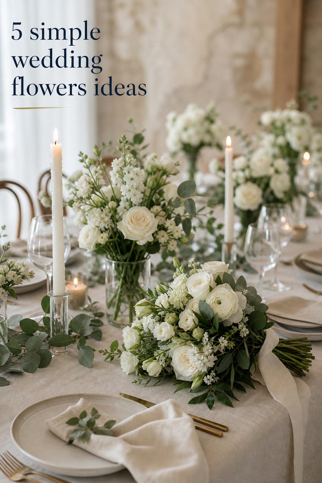Simple wedding flowers on a modern reception table with white blooms, eucalyptus runner, and a hand-tied bridal bouquet
