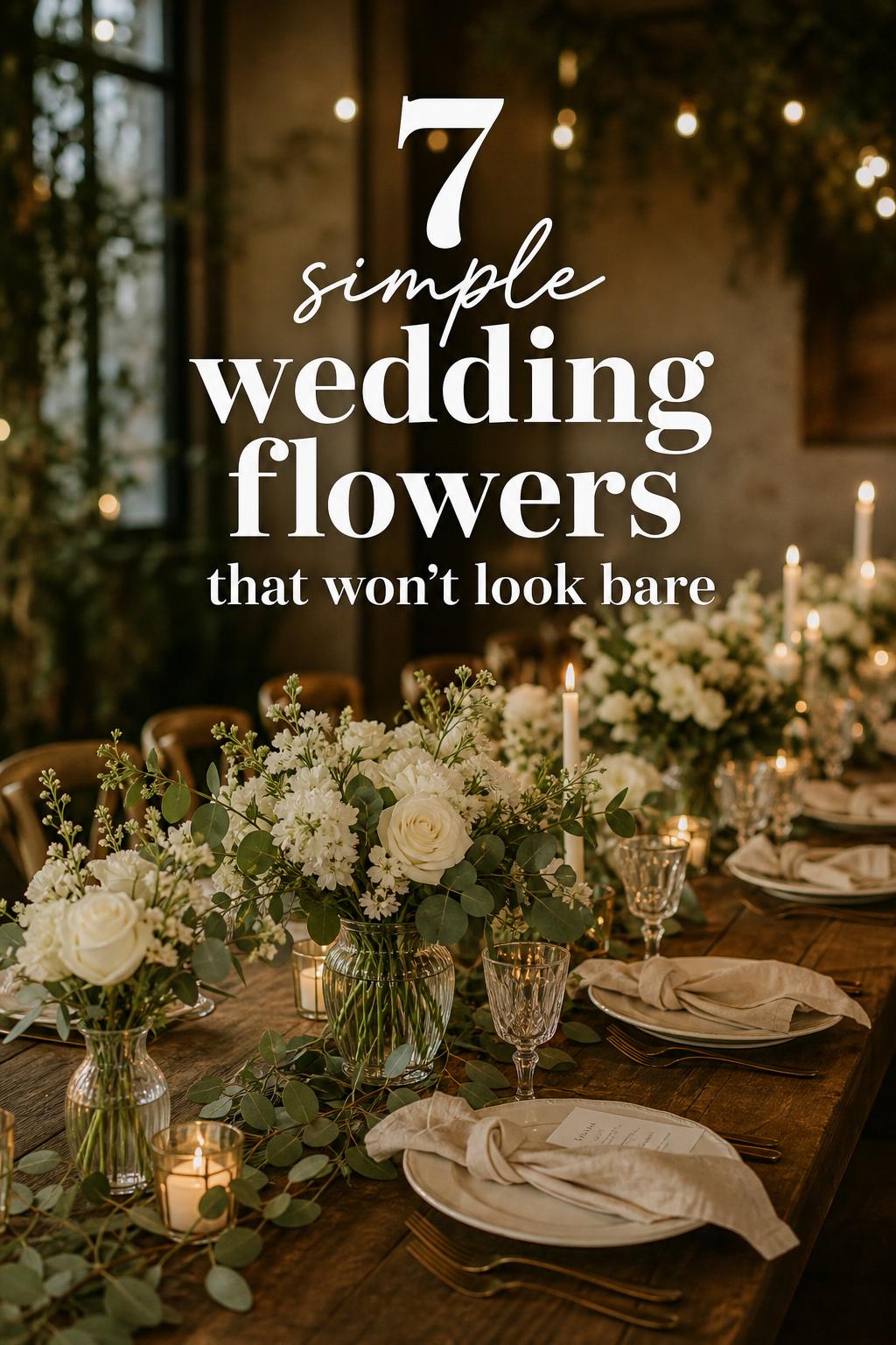 Simple wedding flowers on a rustic banquet table with white blooms, eucalyptus, linen napkins, and candlelit glow