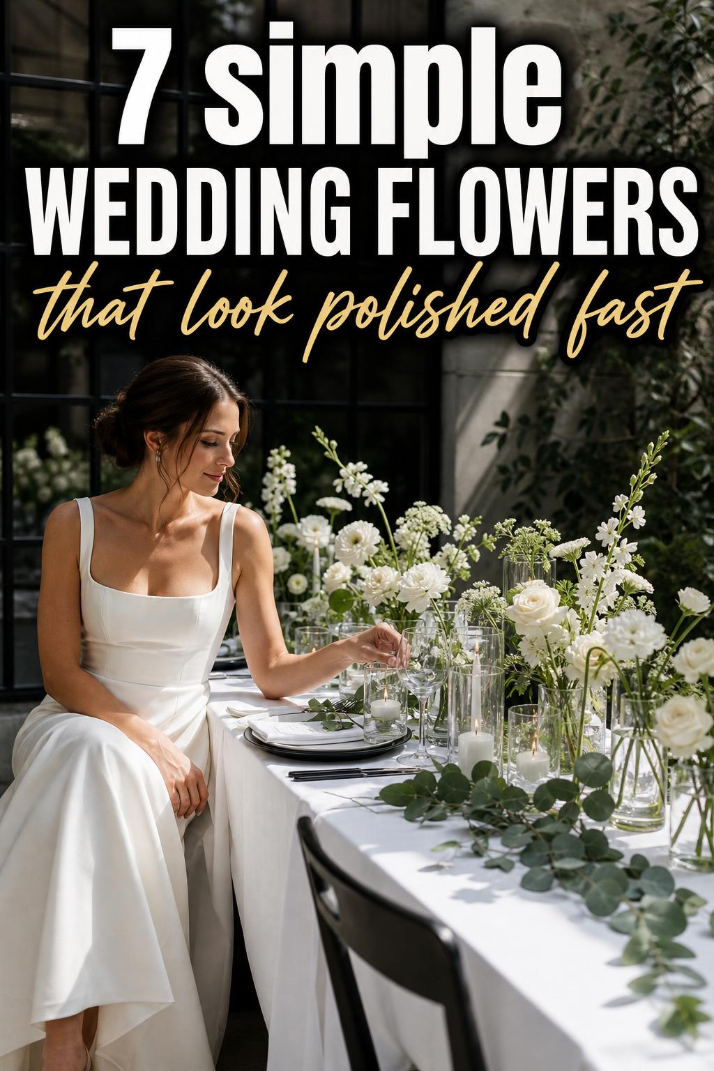 Simple wedding flowers arranged in a soft white bouquet on a rustic wooden table