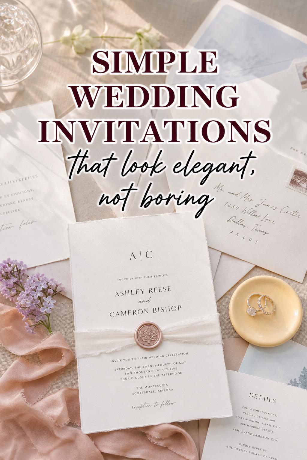 Simple wedding invitations flat lay with ivory matte suite, wax seal, pastel accents, and opened addressed envelope