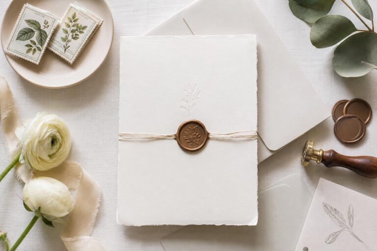 Simple wedding invitations on textured ivory paper with elegant serif typography and neutral envelopes, styled flat lay