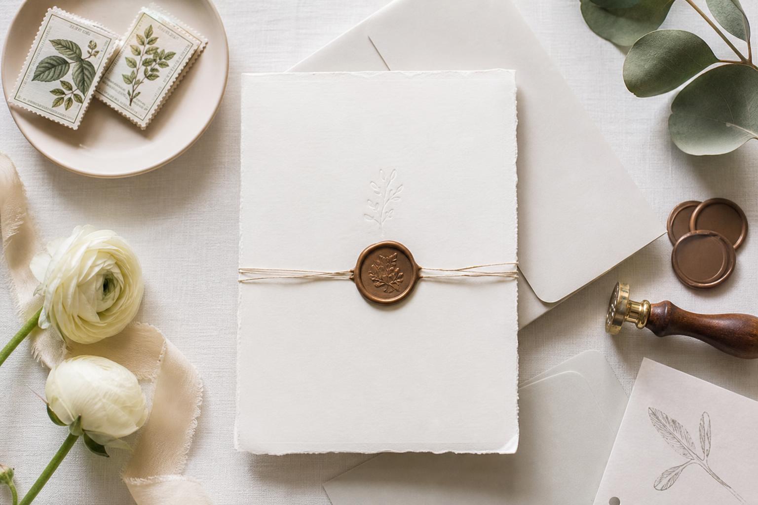 Simple wedding invitations on textured ivory paper with elegant serif typography and neutral envelopes, styled flat lay