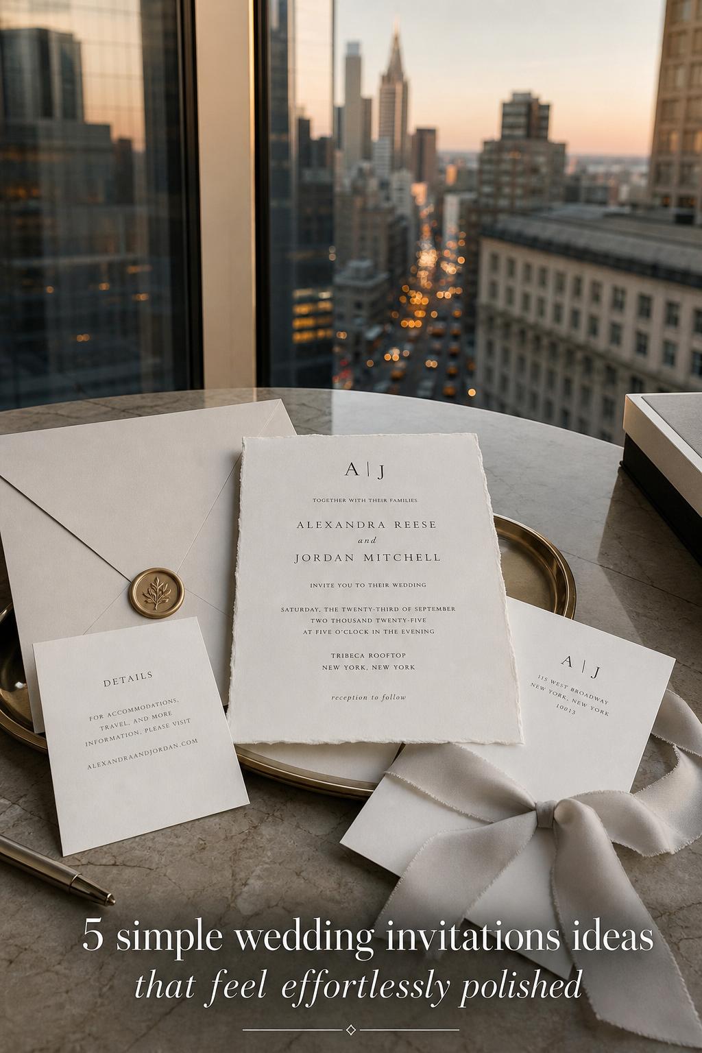 Simple wedding invitations on marble table by hotel window with skyline view, minimalist stationery and wax seal at golden hour.