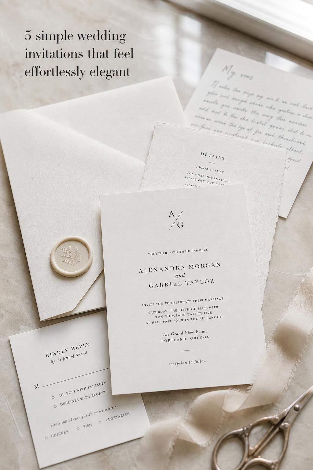 Simple wedding invitations flat lay on pale stone with ivory stationery, wax seal, and ribbon in soft window light