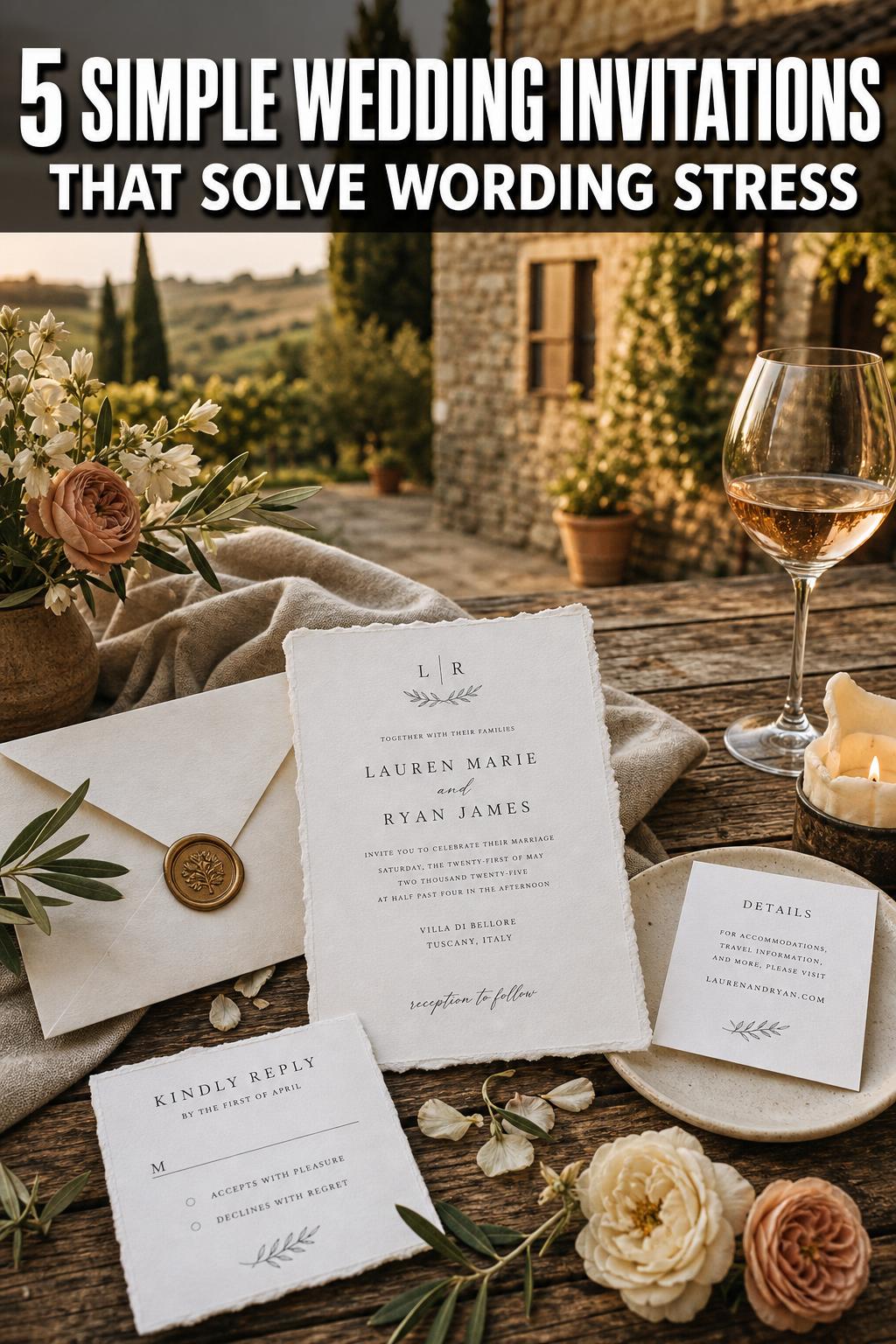 Simple wedding invitations on a minimalist white desk with elegant typography and soft natural light
