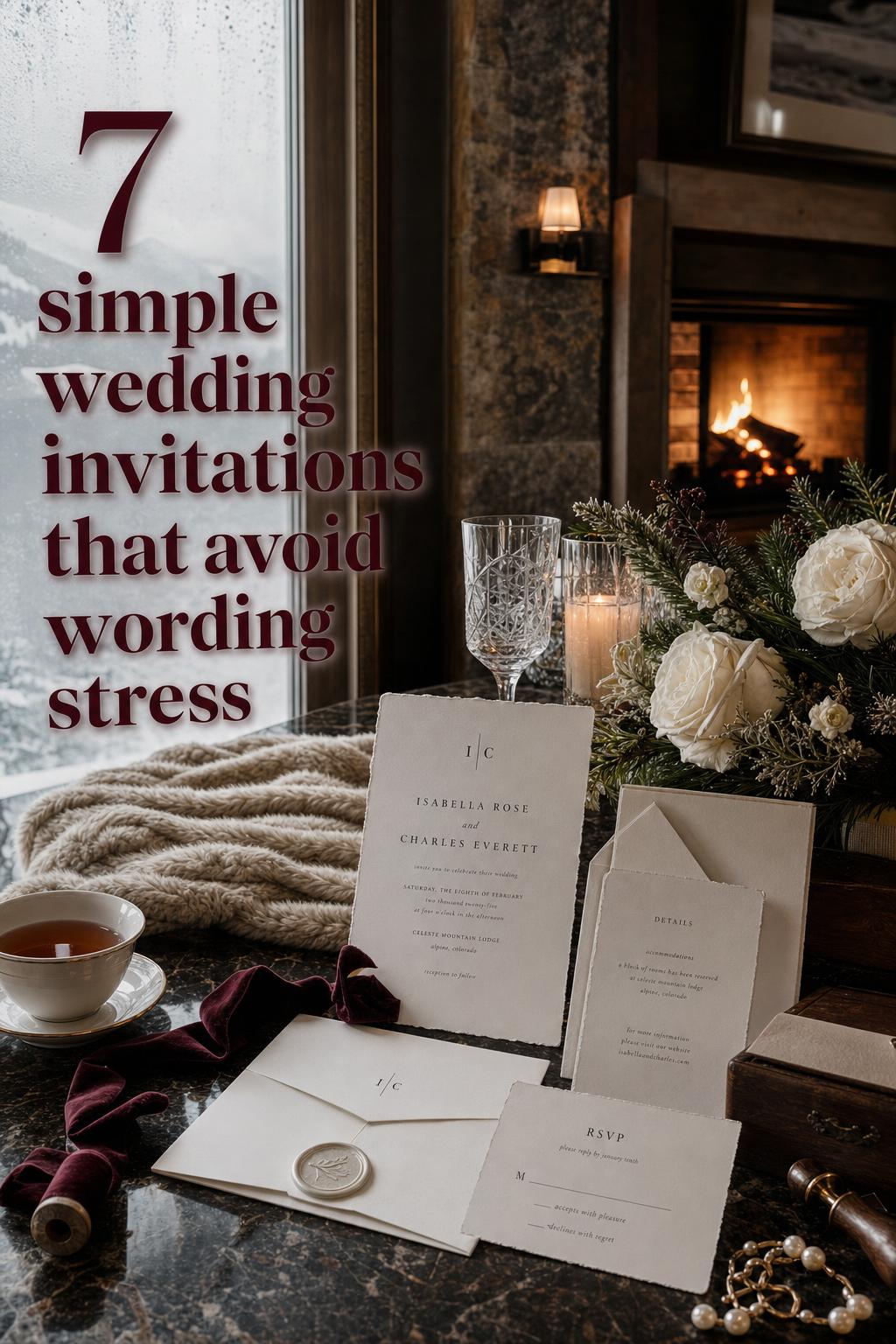 Simple wedding invitations on dark marble by a winter fireplace, ivory suite with wax seal, burgundy ribbon, and tea